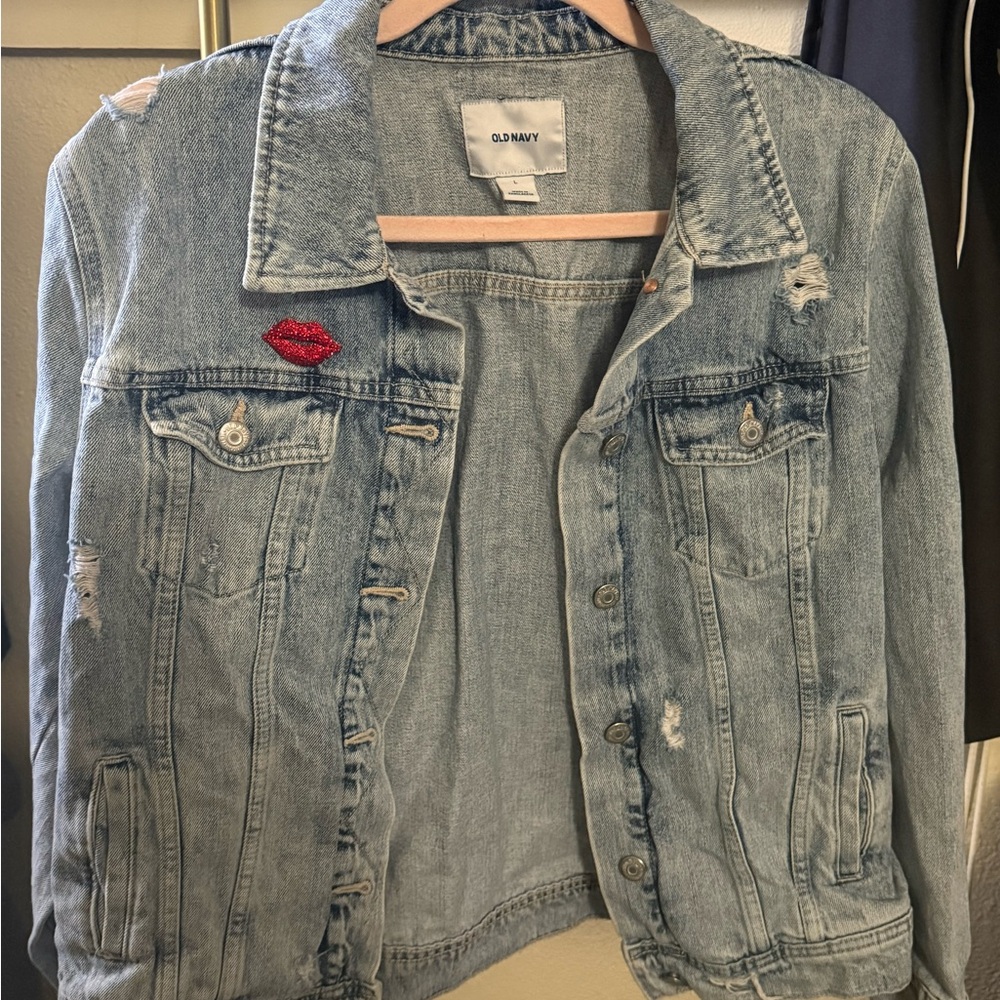 Old Navy Blue Denim Jacket with Red Lip Pin
